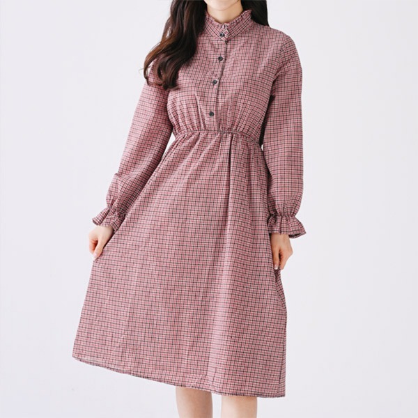 여성 잔 체크 무늬 원피스 핑크 패션 의류 치마