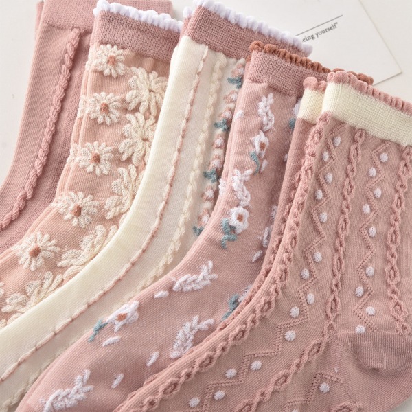 비바올리 여성 플라워 중목 양말 6종 세트 패션 핑크